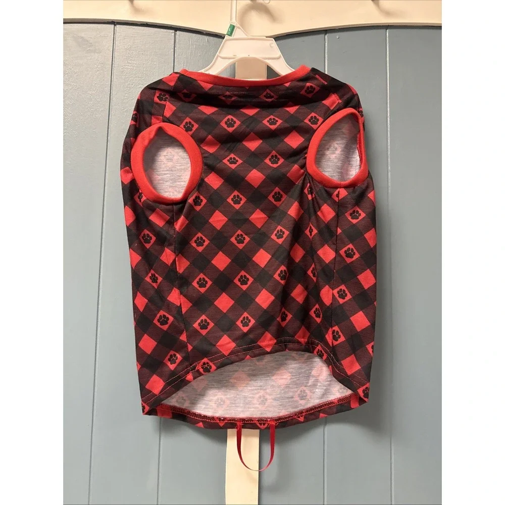 Merry & Bright Dog Holiday Pajamas Shirt Red & Black Paw Print‎ Buffalo Check L